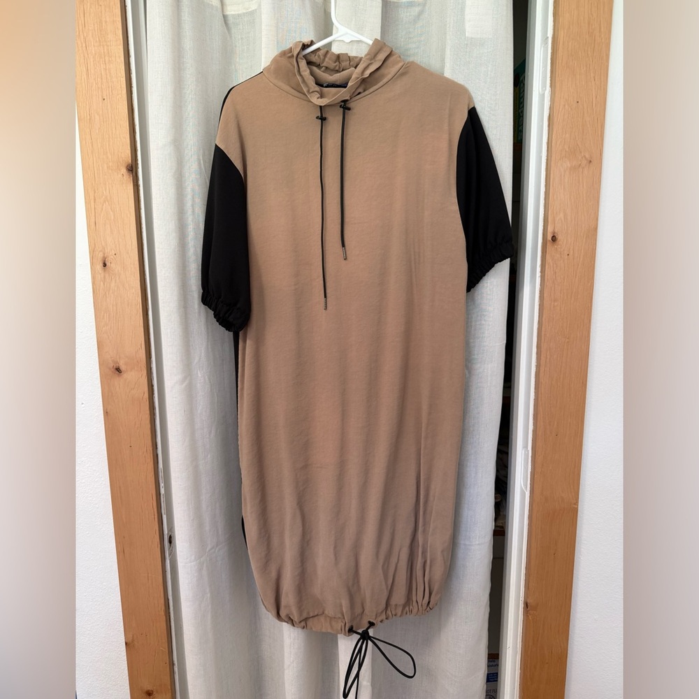 Zara Tan and Black Color Block Garbage Bag Sinch Turtle Neck Midi Dress